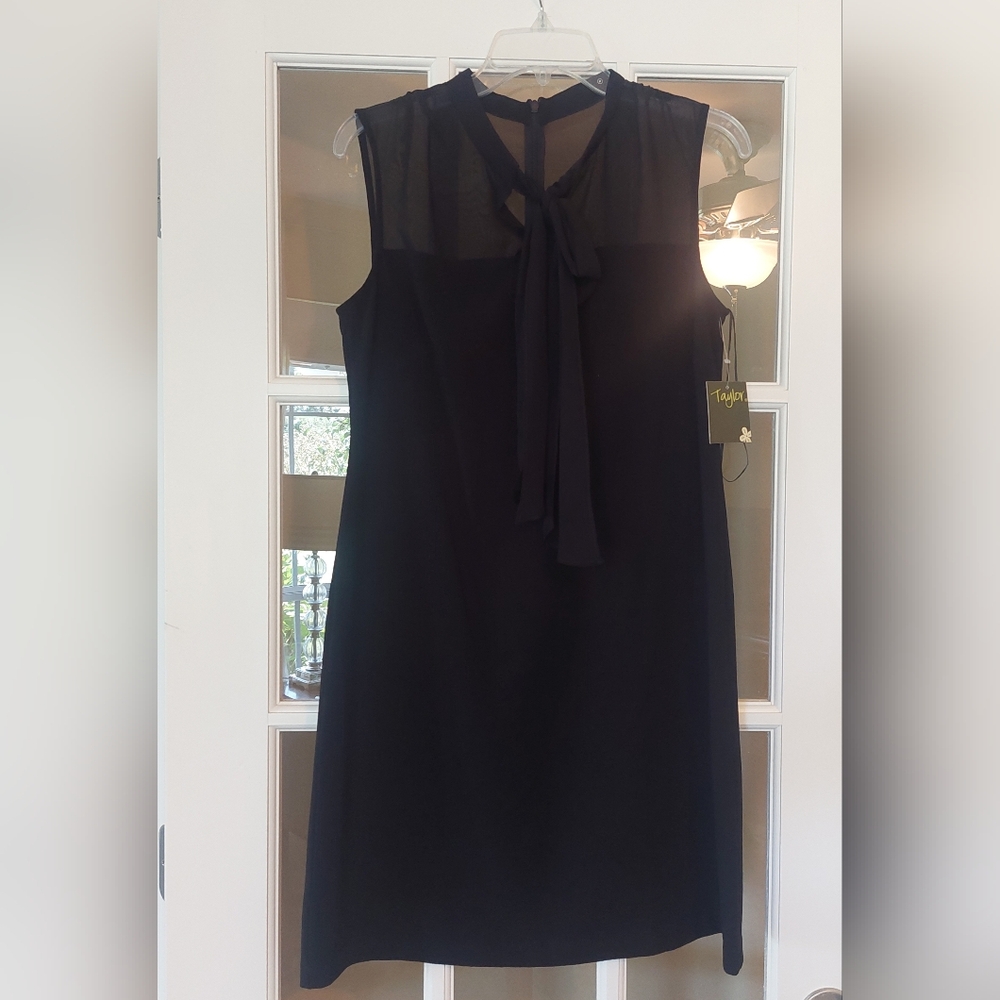 Dress size 8 NWT Taylor dress with beautiful mesh top and bow hanging. Zip back